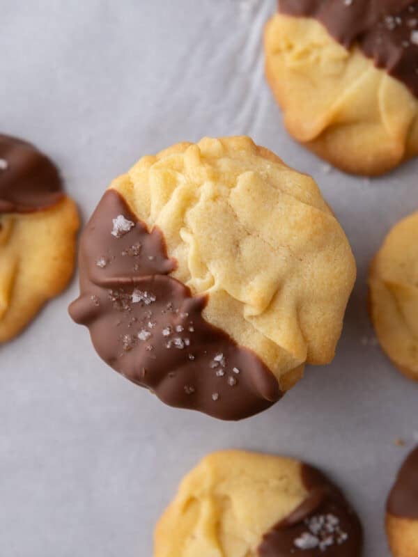 Close-up of a Danish butter cookie partially dipped in chocolate and sprinkled with flaky salt.