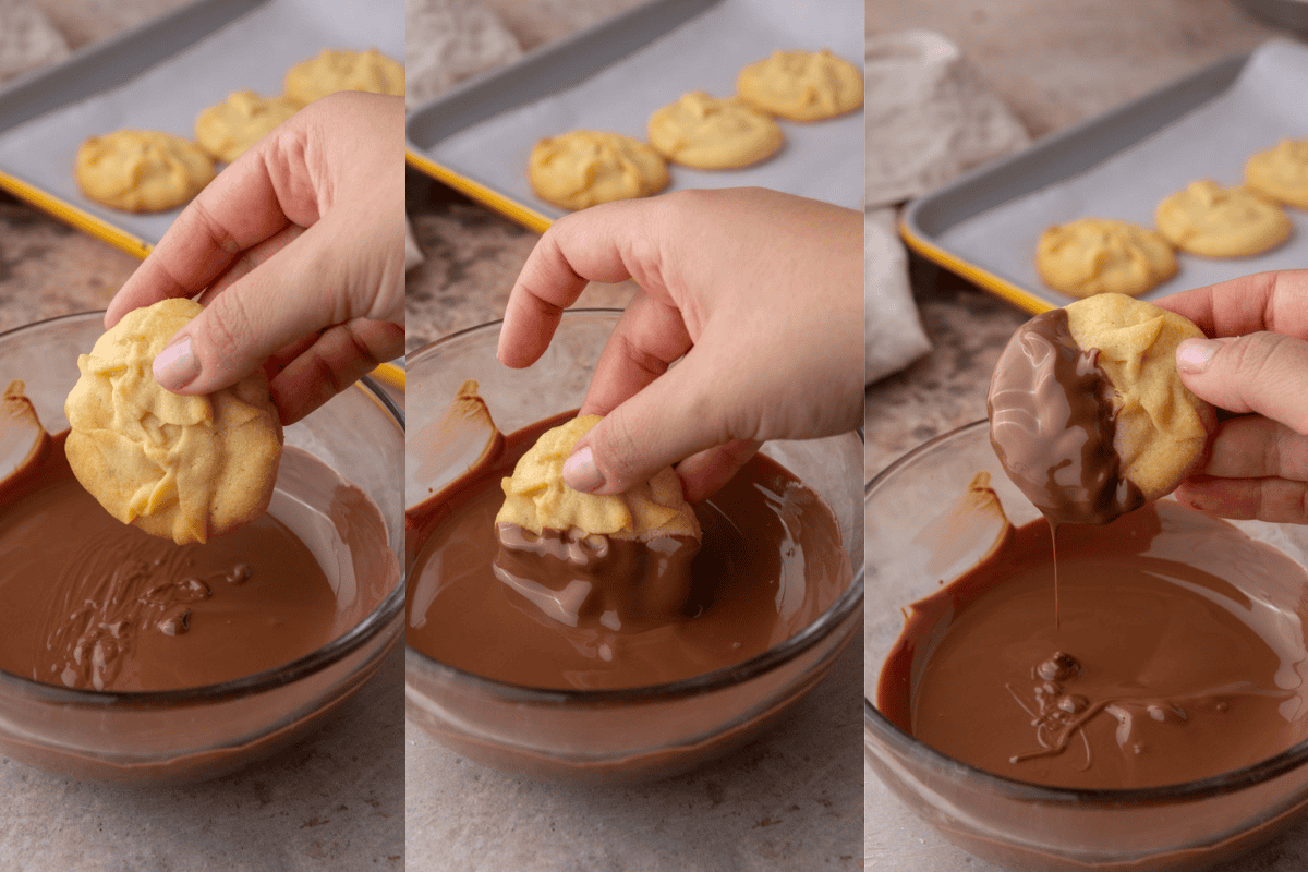 Step-by-step images showing a hand dipping a  cookie into melted chocolate.