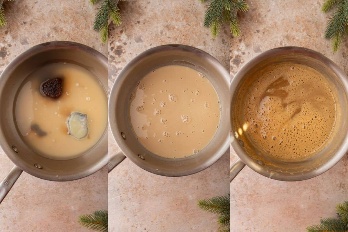 Step-by-step process of making Sauce, mixture melting, simmering, and thickened caramel in saucepan