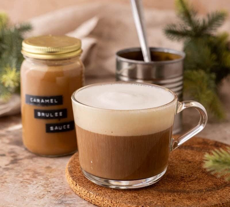 Homemade Starbucks-style Caramel Brulee Latte made with creamy caramel brulee sauce, topped with foam.