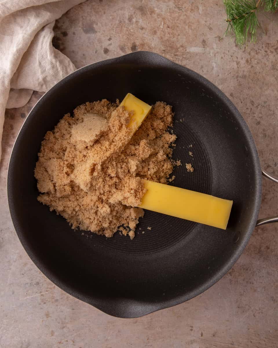 Butter and brown sugar in a saucepan explaining the toffee base
