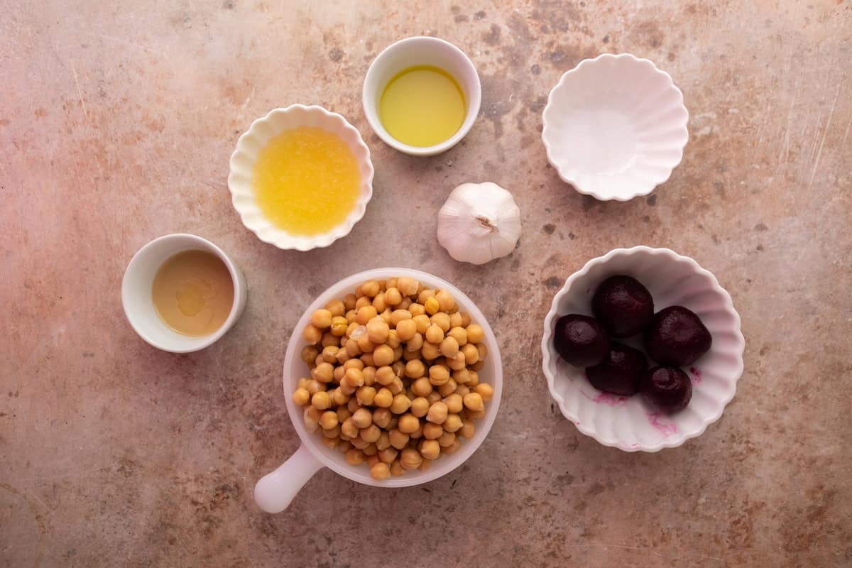 Ingredients for beet hummus laid out on a countertop