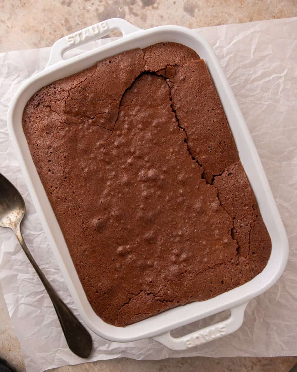 Freshly baked brownie pudding with a set top and soft center