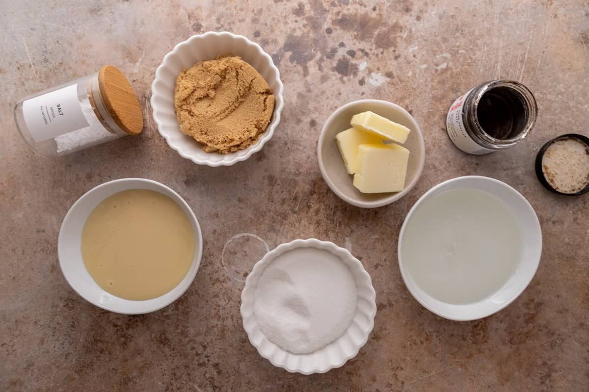 Ingredients for making quick caramels laid out in small bowls
