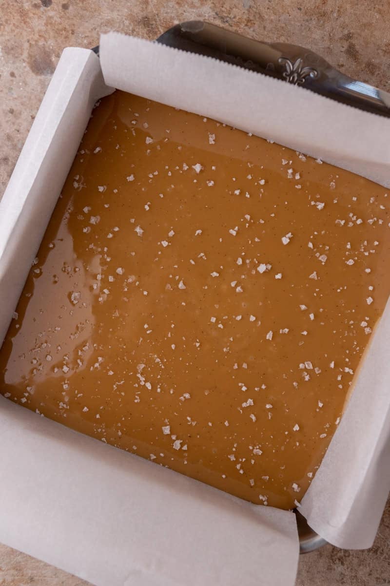 Warm caramel poured into an 8x8 pan and topped with sea salt
