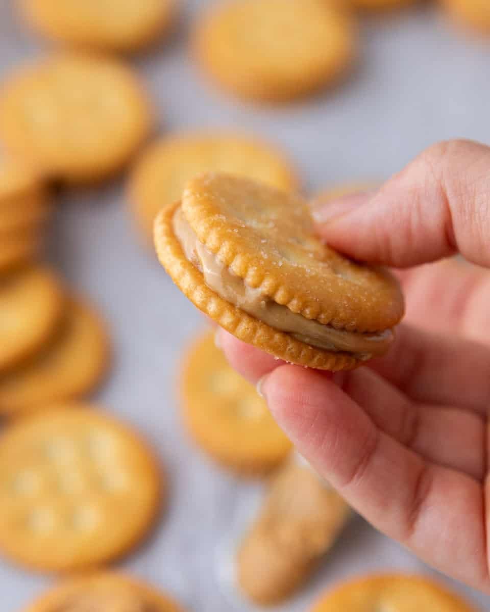 Ritz peanut butter cookie sandwiches before dipping in chocolate