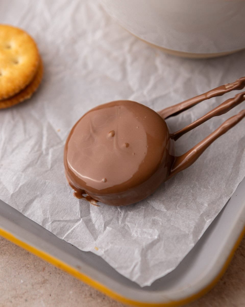 Chocolate coated Ritz cookie dripping excess chocolate