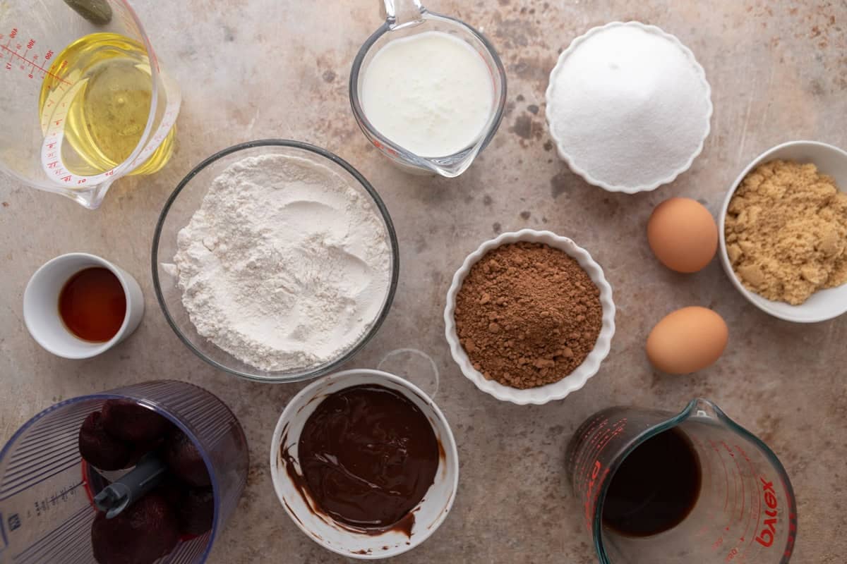 Ingredients for cake arranged on a countertop