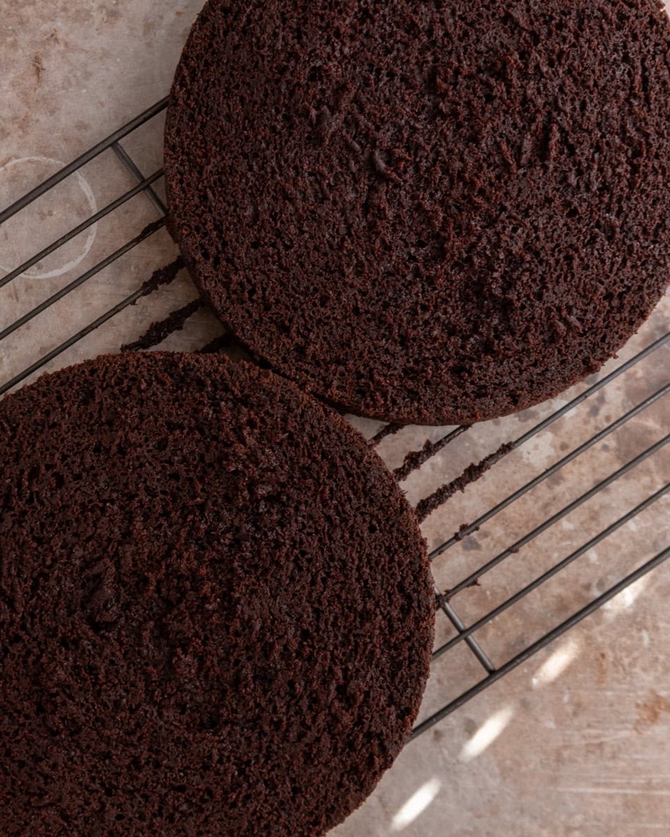 Chocolate cake sliced in half