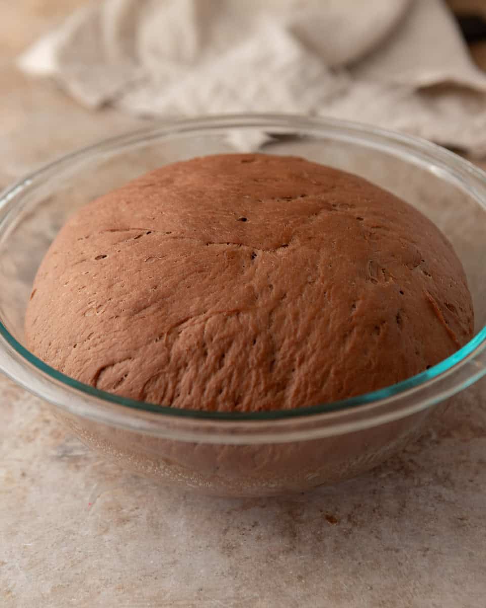 Chocolate cinnamon roll dough after first rise in a glass bowl