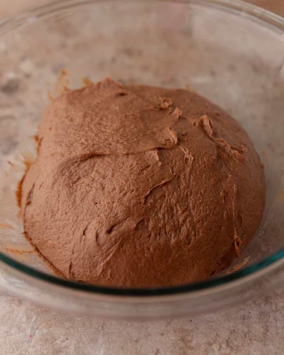 Smooth chocolate cinnamon roll dough after mixing and kneading