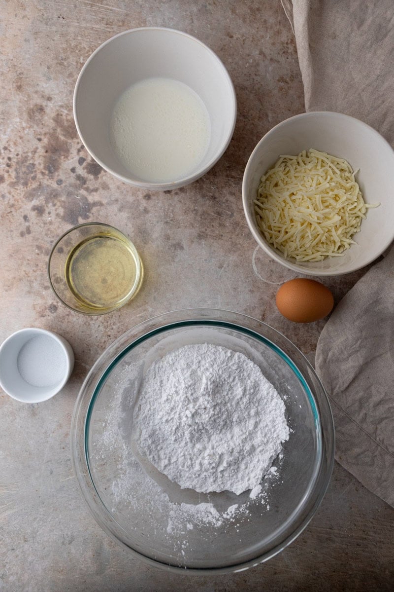 Ingredients for Brazilian cheese bread including tapioca flour and cheese