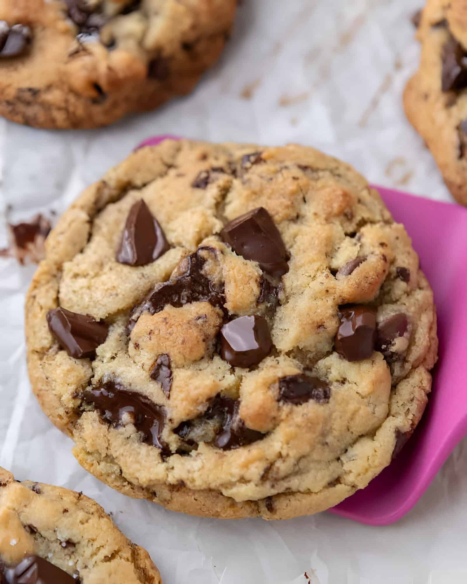 A thick cream cheese chocolate chip cookie with a crinkly golden top and melted chocolate chunks.