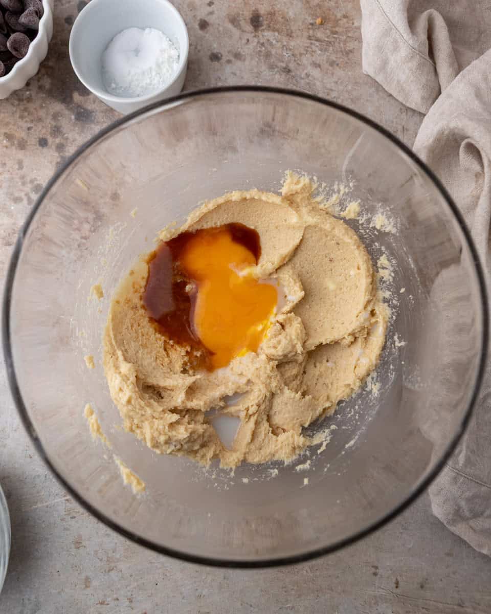 Egg yolks and vanilla added to cream cheese mixture