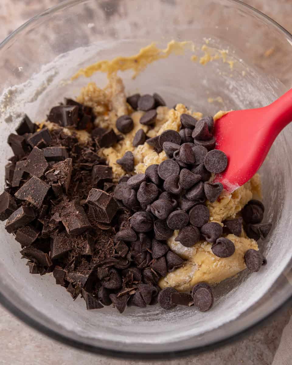 Chocolate chips folded into cream cheese cookie dough
