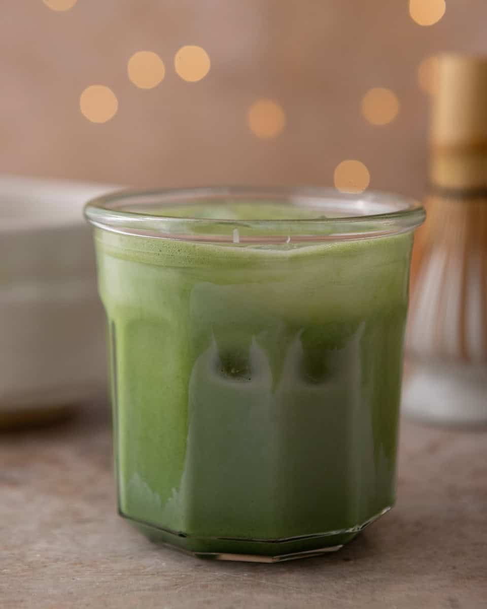 Salted maple matcha latte over ice with creamy milk