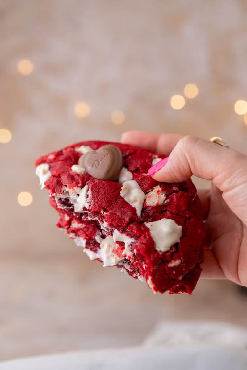 Bitten single serve red velvet cookie with white chocolate chunks and a soft, chewy center