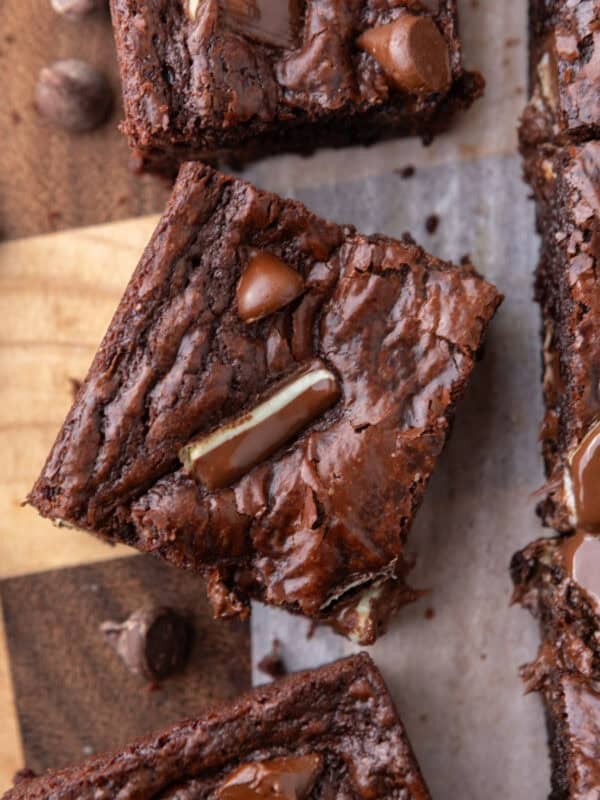 Andes mint brownies with crackly tops and melted chocolate chips