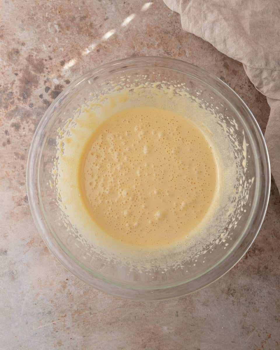  Whisked egg and sugar mixture becoming pale and slightly frothy