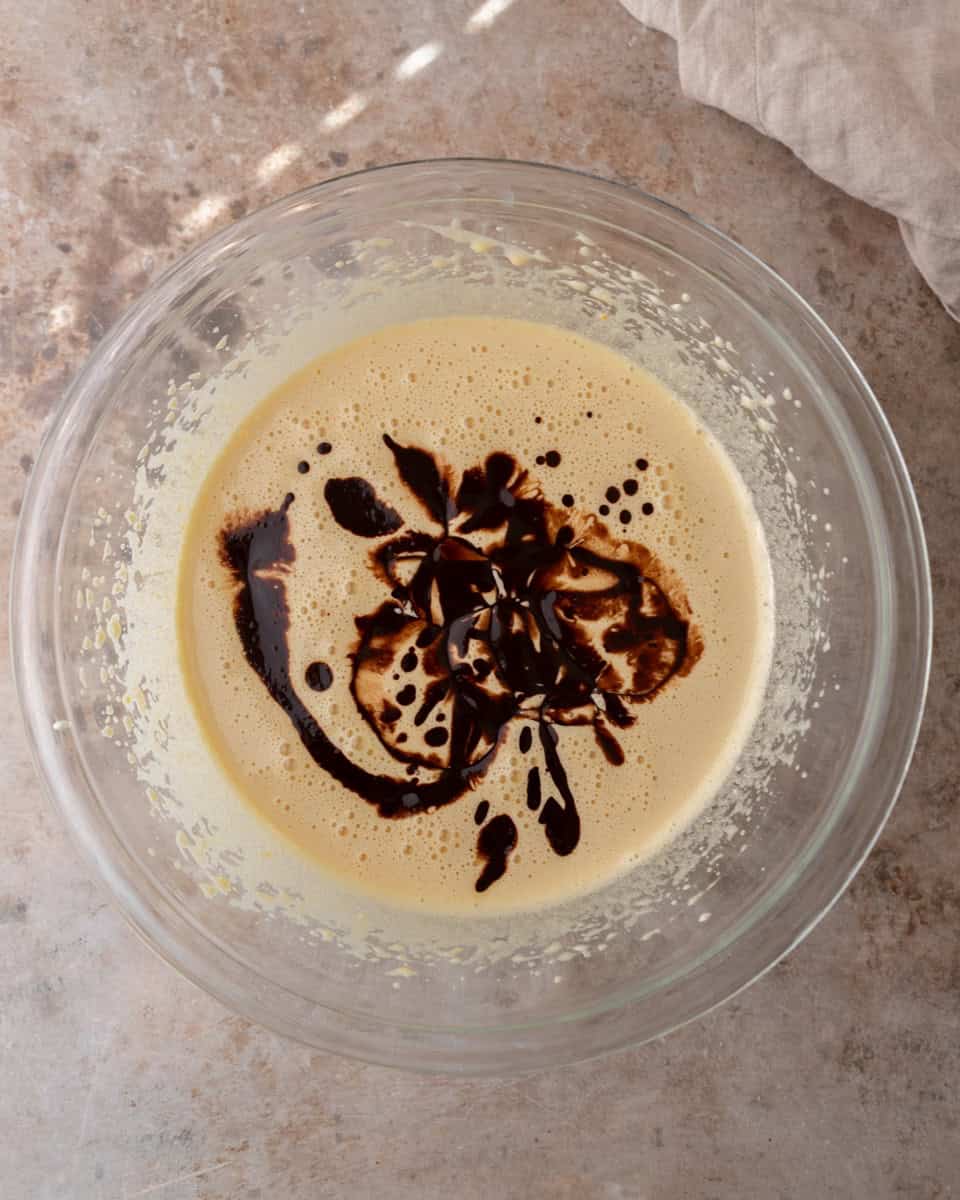 Melted chocolate and butter added to the whipped egg mixture