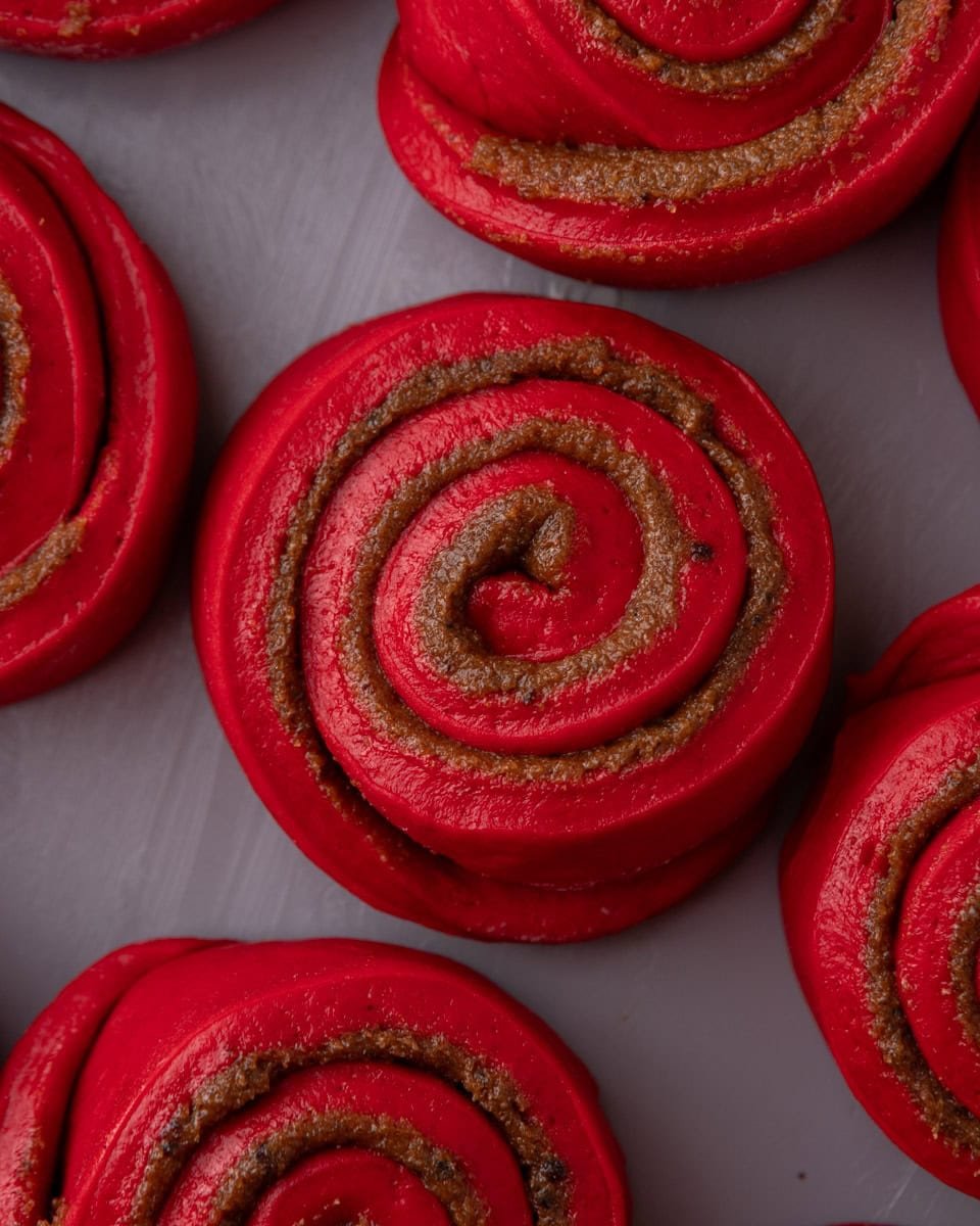 Unbaked red velvet cinnamon rolls with brown sugar filling spiraled inside