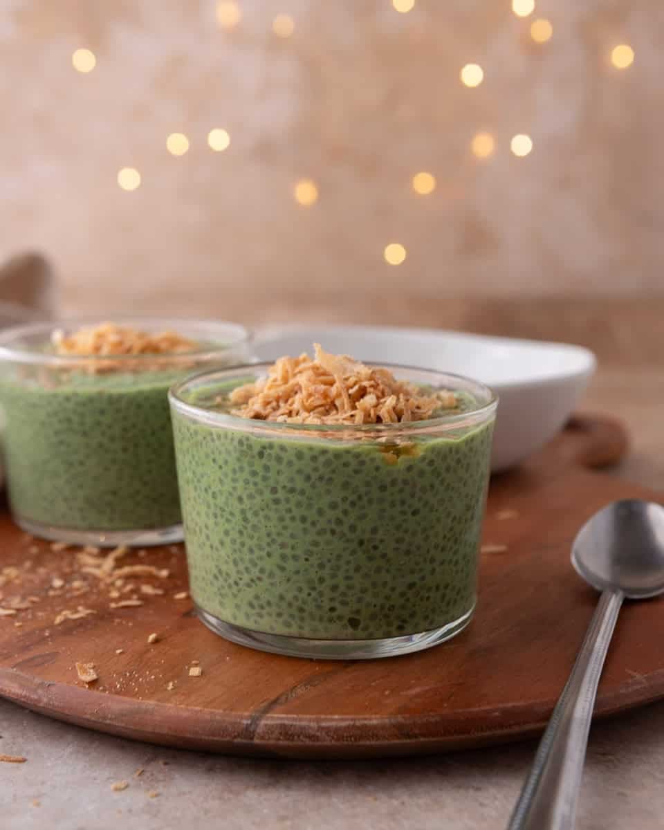 Two servings of creamy matcha chia pudding with toasted coconut topping