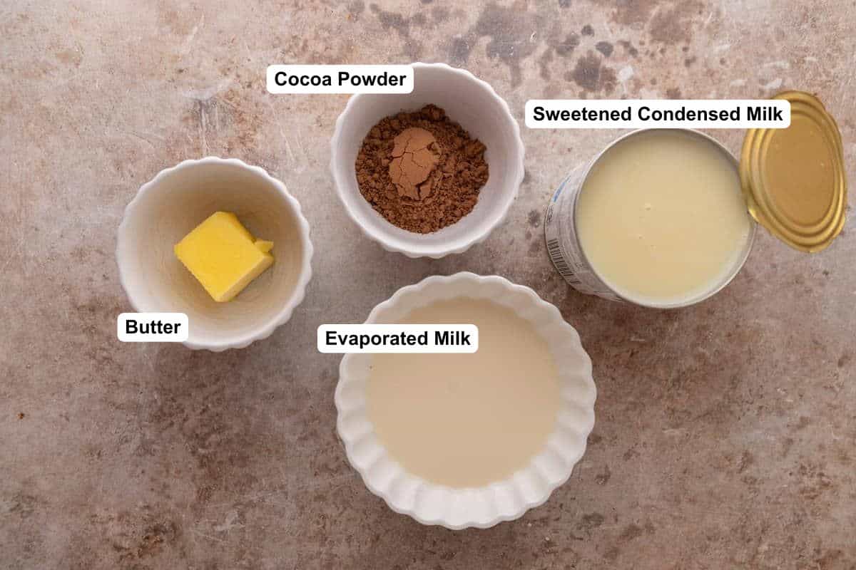 Chocolate glaze ingredients, including butter, cocoa powder, evaporated milk and an open can of sweetened condensed milk.