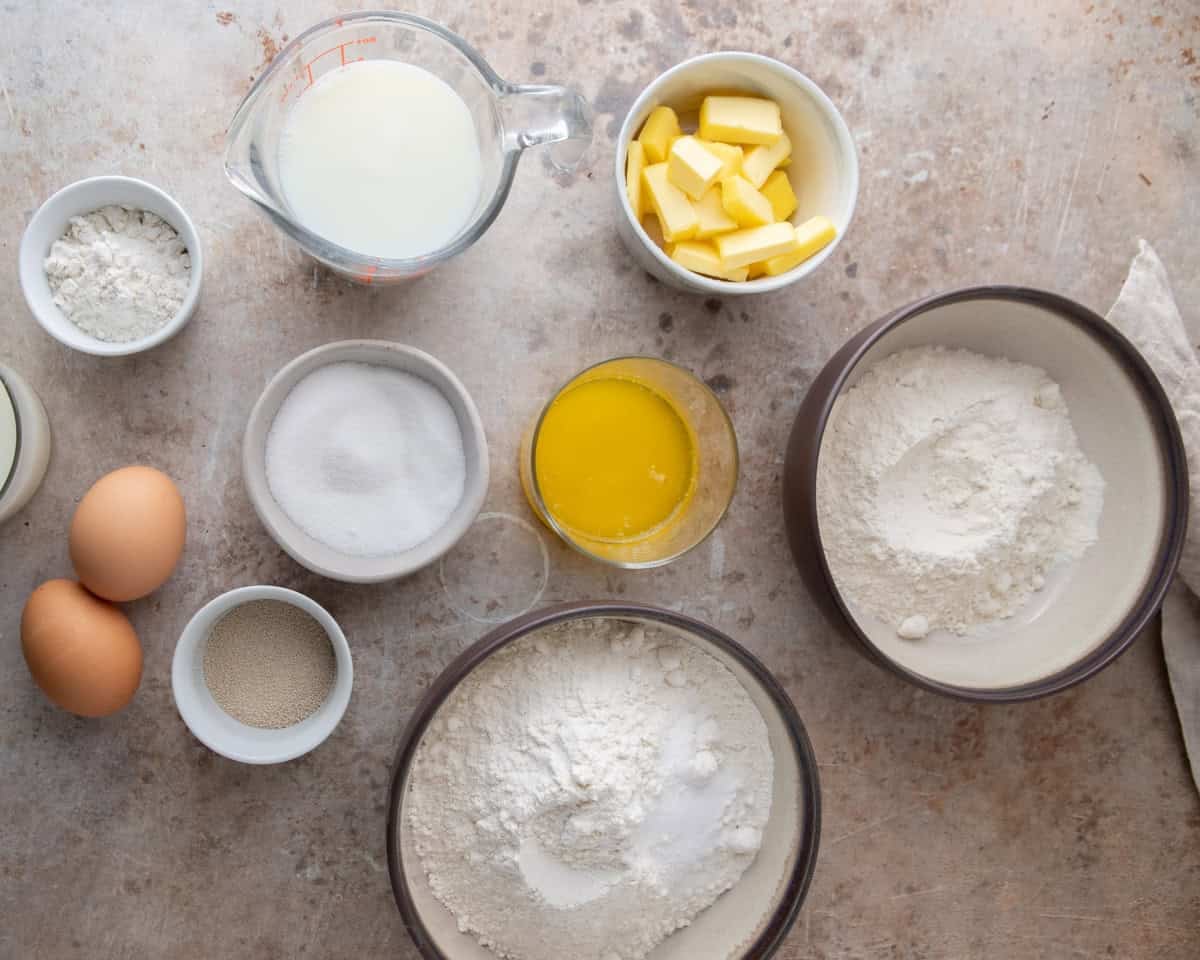 Tangzhong brioche dough ingredients including milk, butter, flour, sugar, eggs and yeast