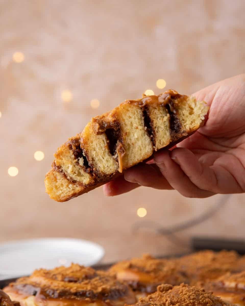 Hand holding half a cookie butter cinnamon roll showing the soft, layered tangzhong brioche crumb