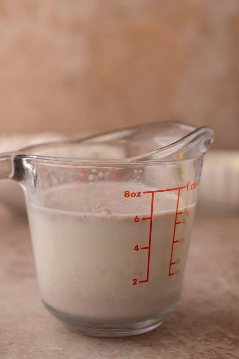 Active dry yeast added to warm milk and sugar in a glass measuring cup before proofing