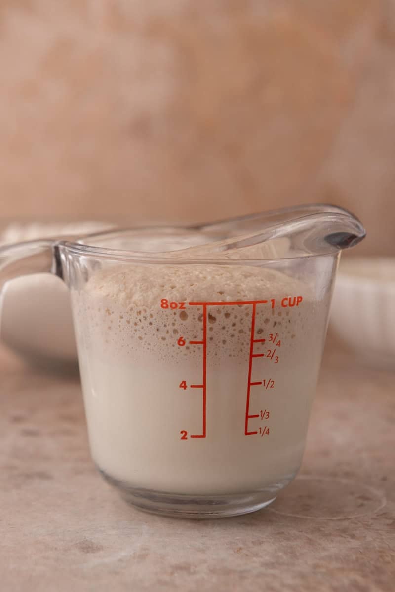 Foamy proofed yeast in a glass measuring cup showing active yeast