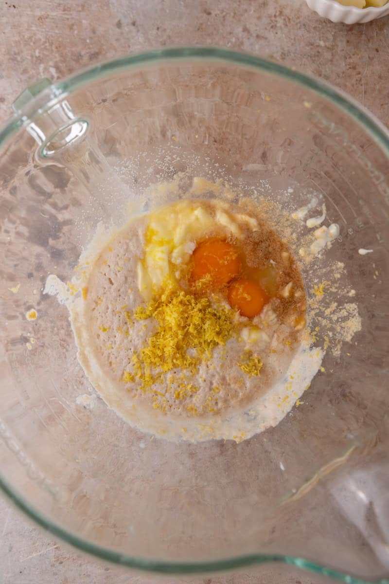 Eggs, lemon zest, butter and tangzhong in a stand mixer bowl before mixing