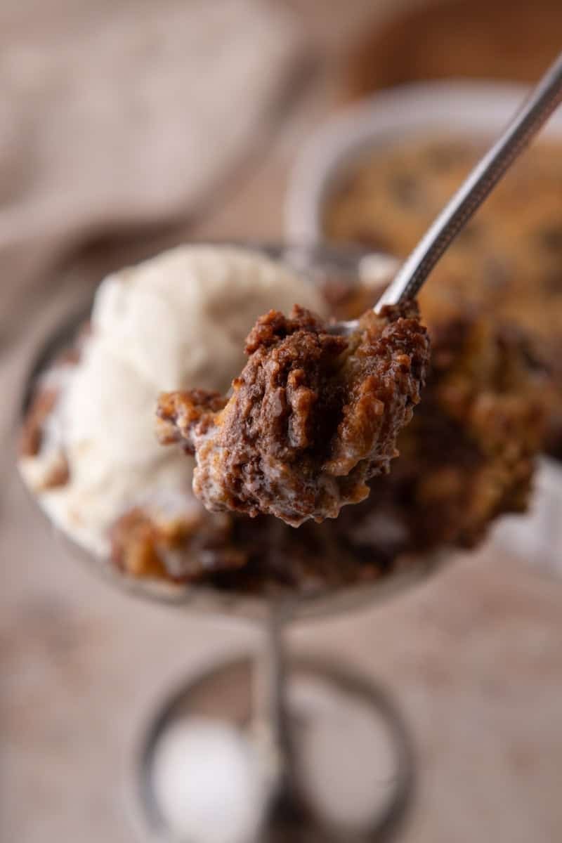 Close-up spoonful of gooey chocolate chip cookie and melted chocolate
