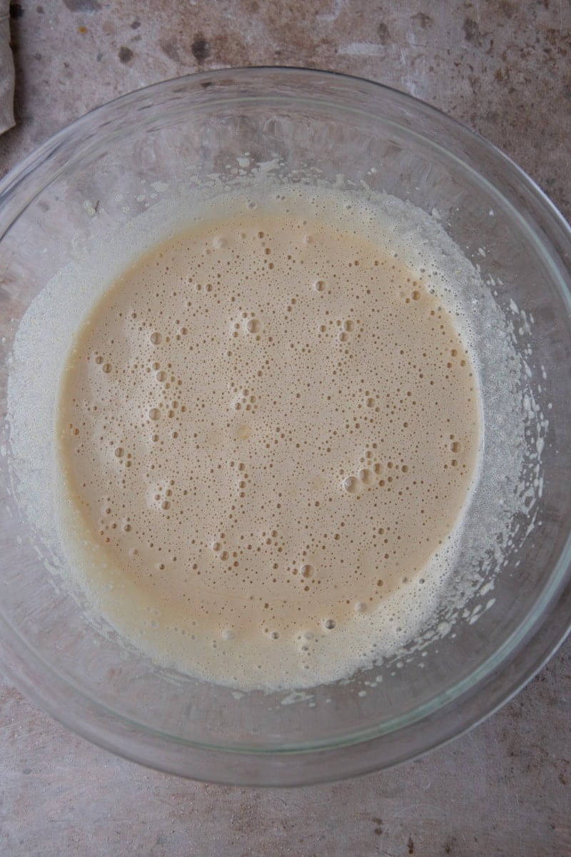 Thick pale whipped egg and sugar mixture with tiny bubbles for brownie batter