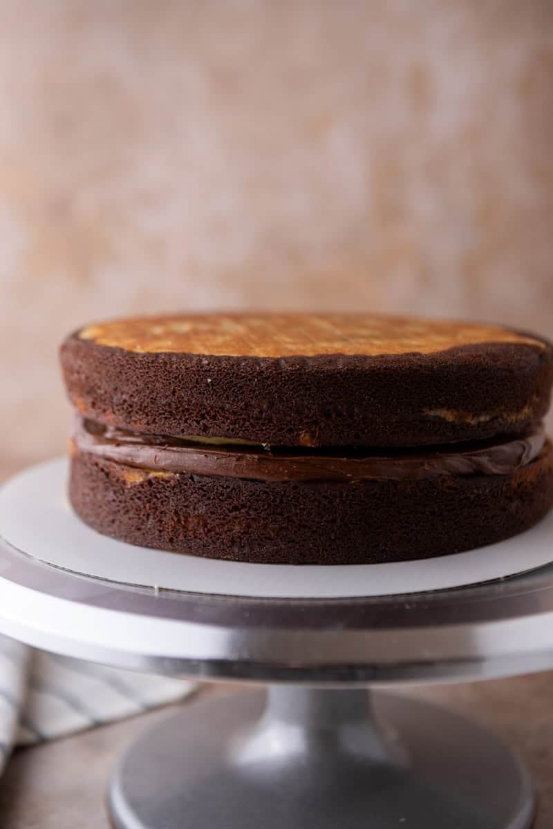 Two baked marble cake layers stacked on a cake stand with chocolate cream cheese frosting between the layers