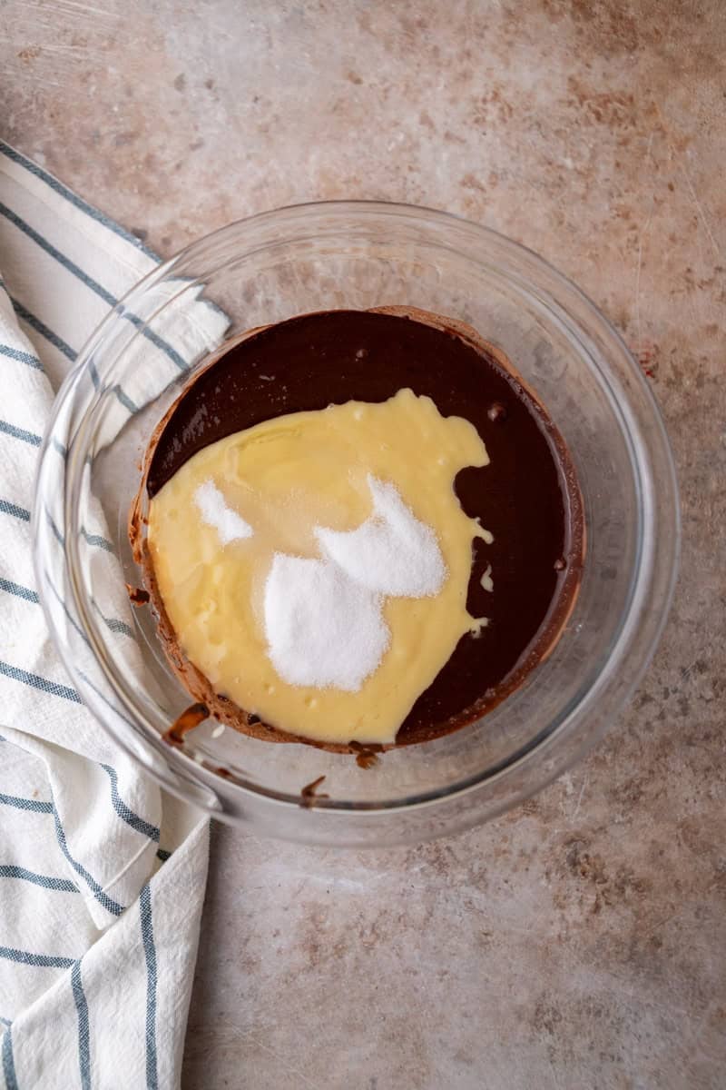 Vanilla cake batter and extra sugar added to the bloomed cocoa paste to create the chocolate marble batter