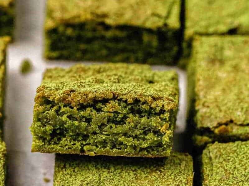 Close up showing the interior texture of matcha brownies