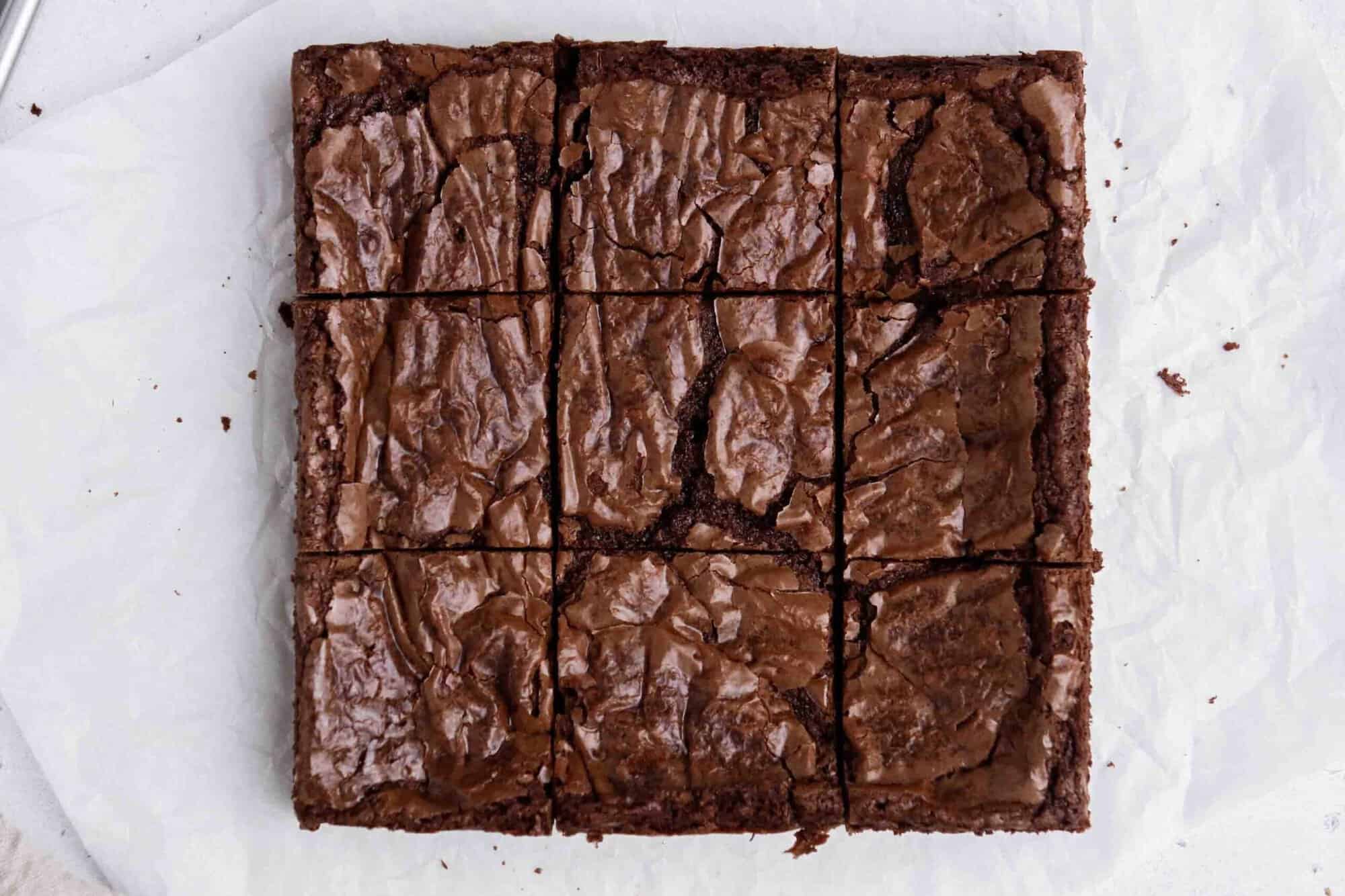 Photo of an overhead crinkly top brownie showing the results of all the brownie mix hacks.