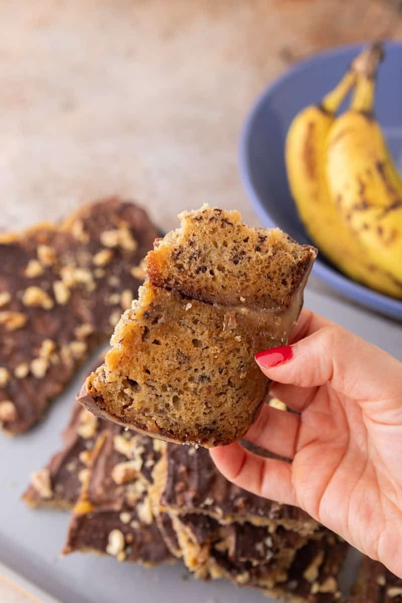Banana bread Christmas crack flipped to show the soft banana bread base soaked with caramel.