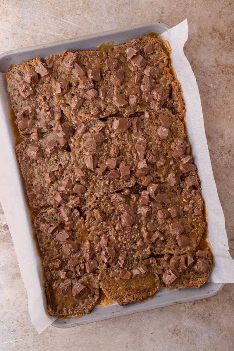 Tony's Chocolonely chunks scattered over hot caramel coated banana bread, just out of the oven.