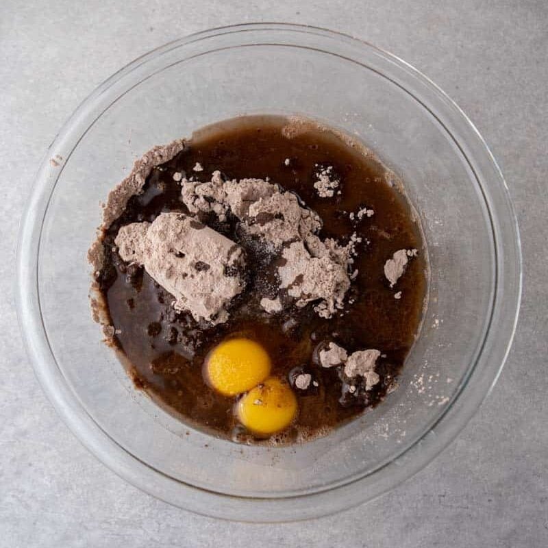 Wet ingredients whisked together in a bowl