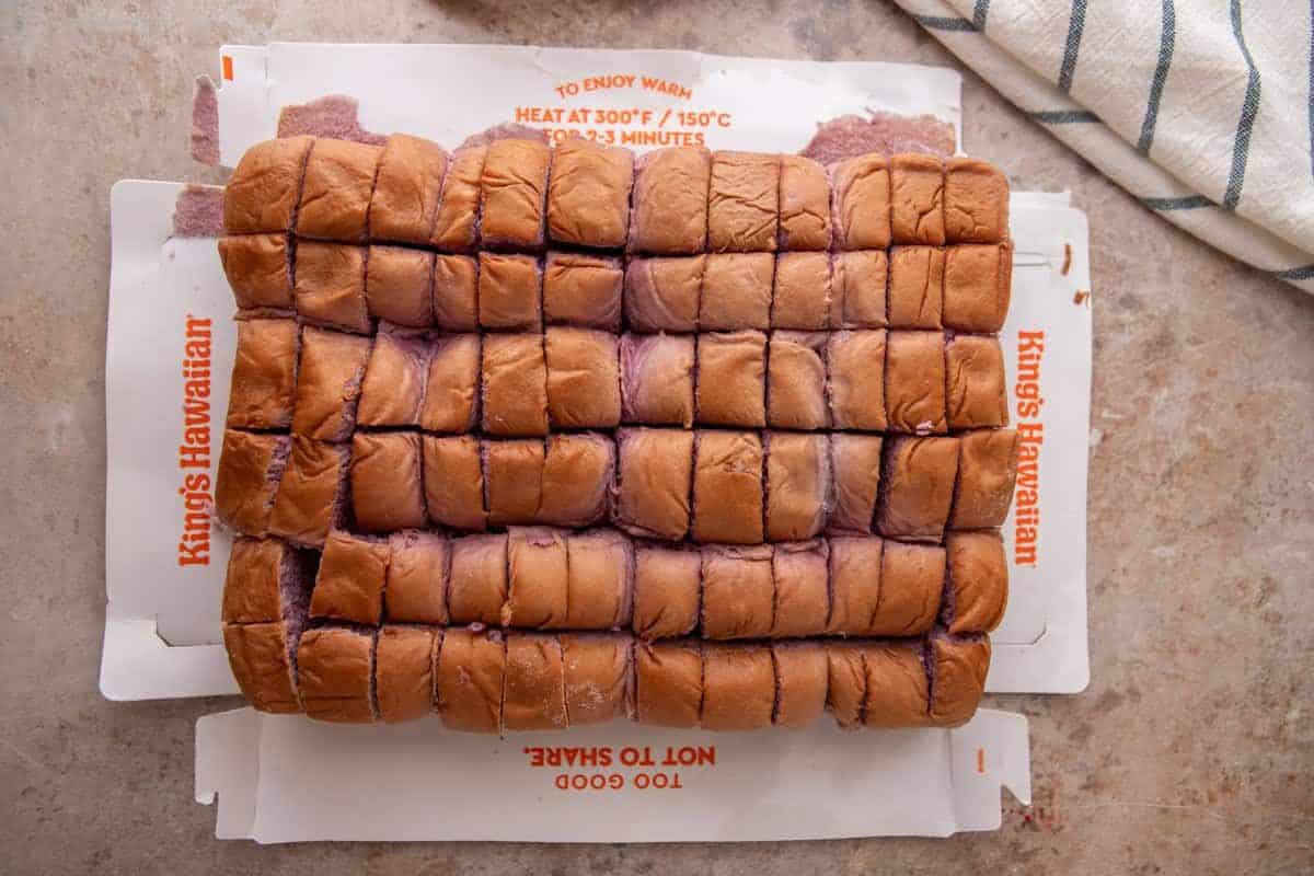 King's Hawaiian Ube Coconut rolls pre-sliced into cubes still in their original packaging