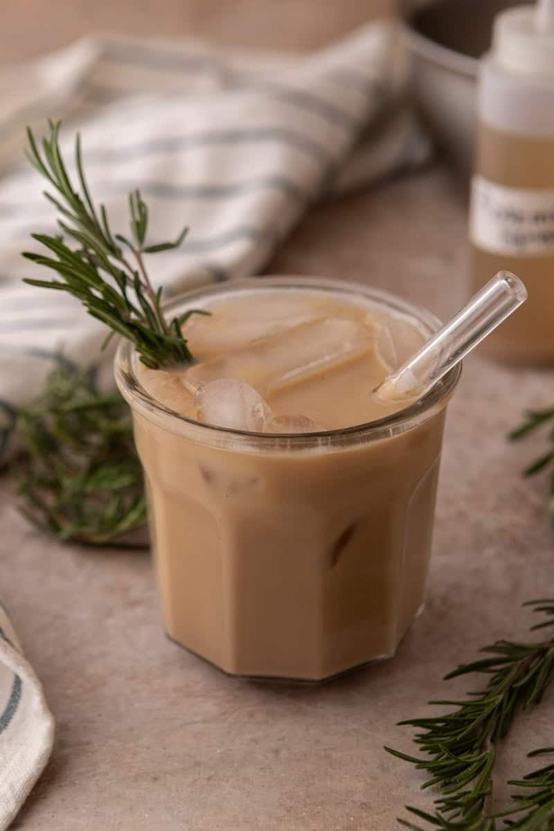 Iced rosemary latte in a glass mug with a fresh rosemary sprig garnish and glass straw