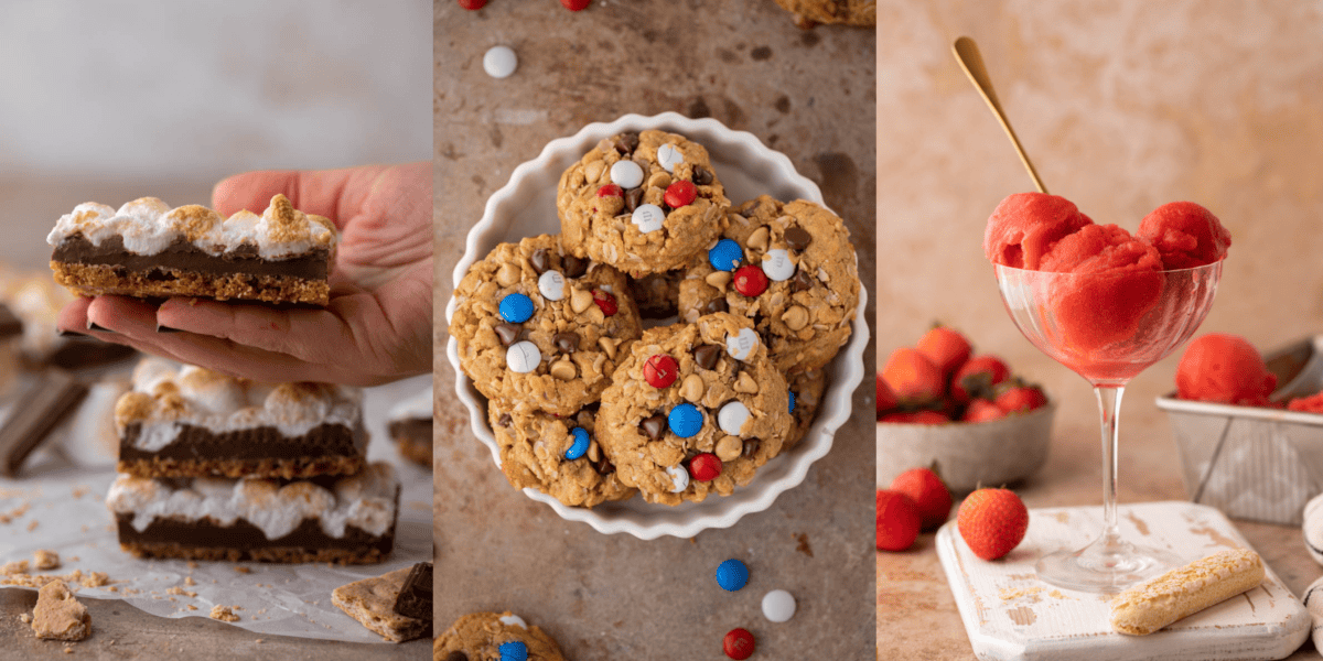 Easy 4th of July recipes including s'mores cookie bars, patriotic monster cookies, and strawberry sorbet.