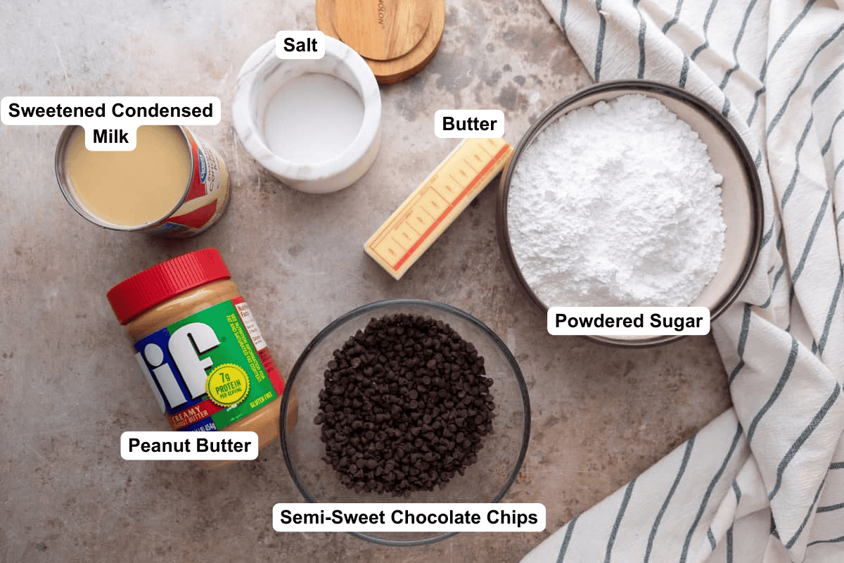 Buckeye fudge ingredients: creamy peanut butter, sweetened condensed milk, powdered sugar, and chocolate chips.