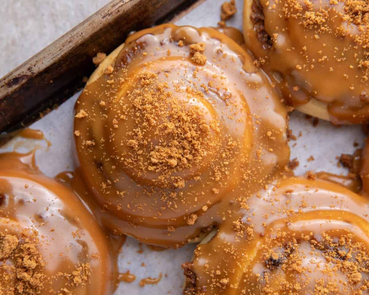Biscoff cinnamon rolls on a sheet pan covered in molten cookie butter glaze and crushed Biscoff cookies