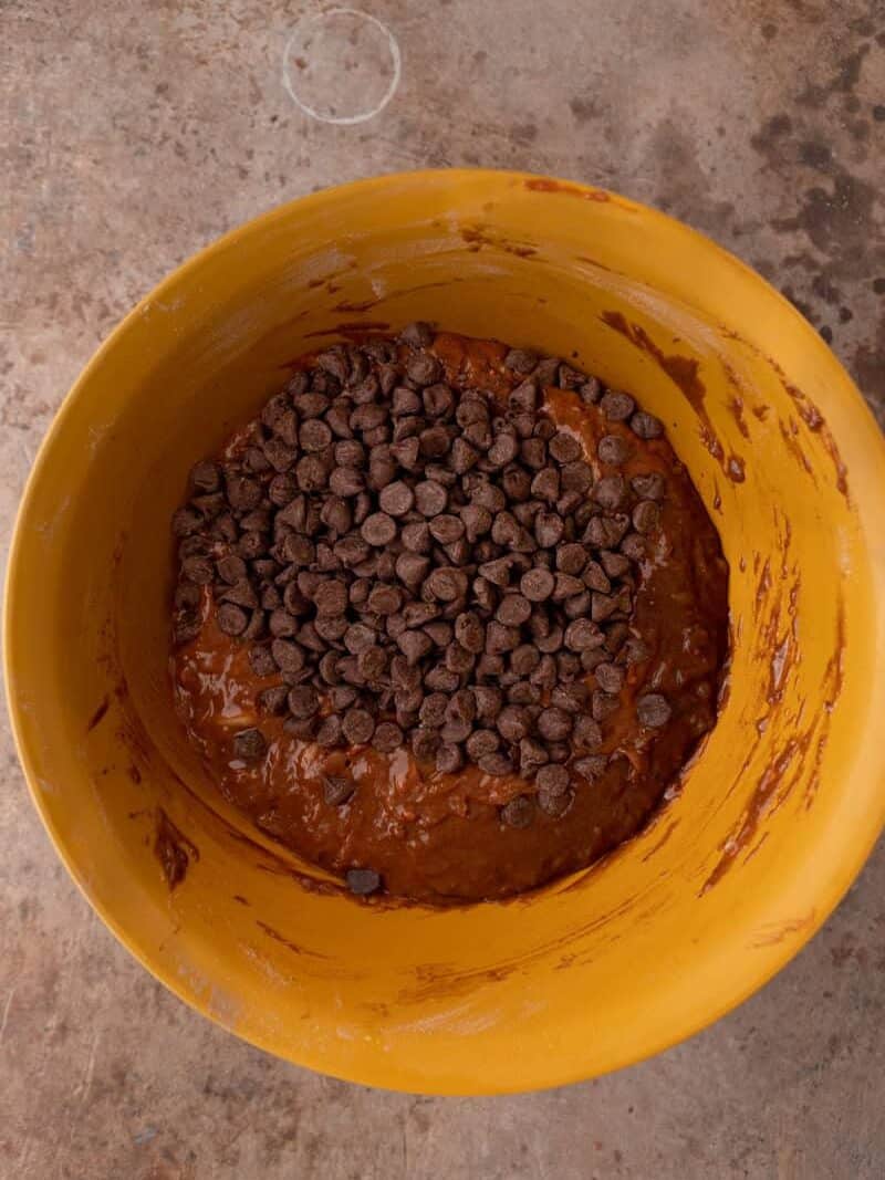 Fudgy chocolate zucchini bread batter ready to pour into loaf pan