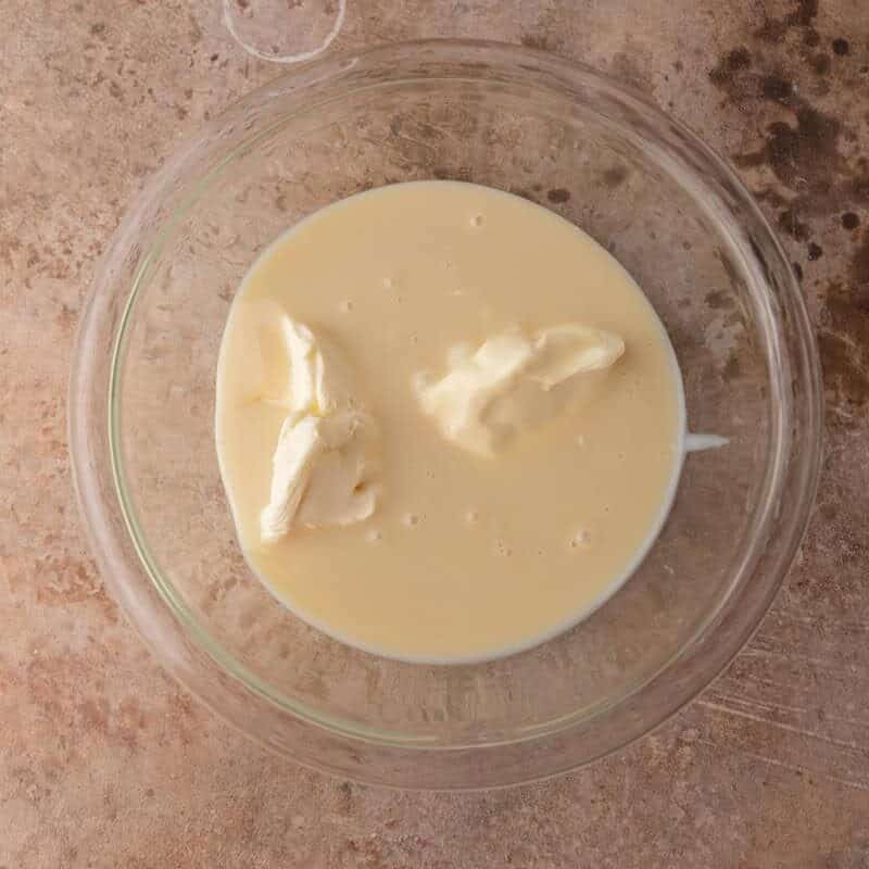 Mascarpone, condensed milk and cream before mixing the tiramisu ice cream base