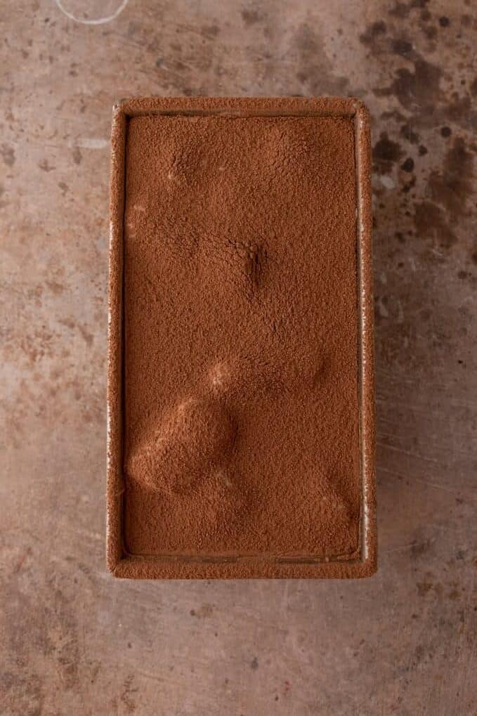 second layer in the pan covered with cocoa powder