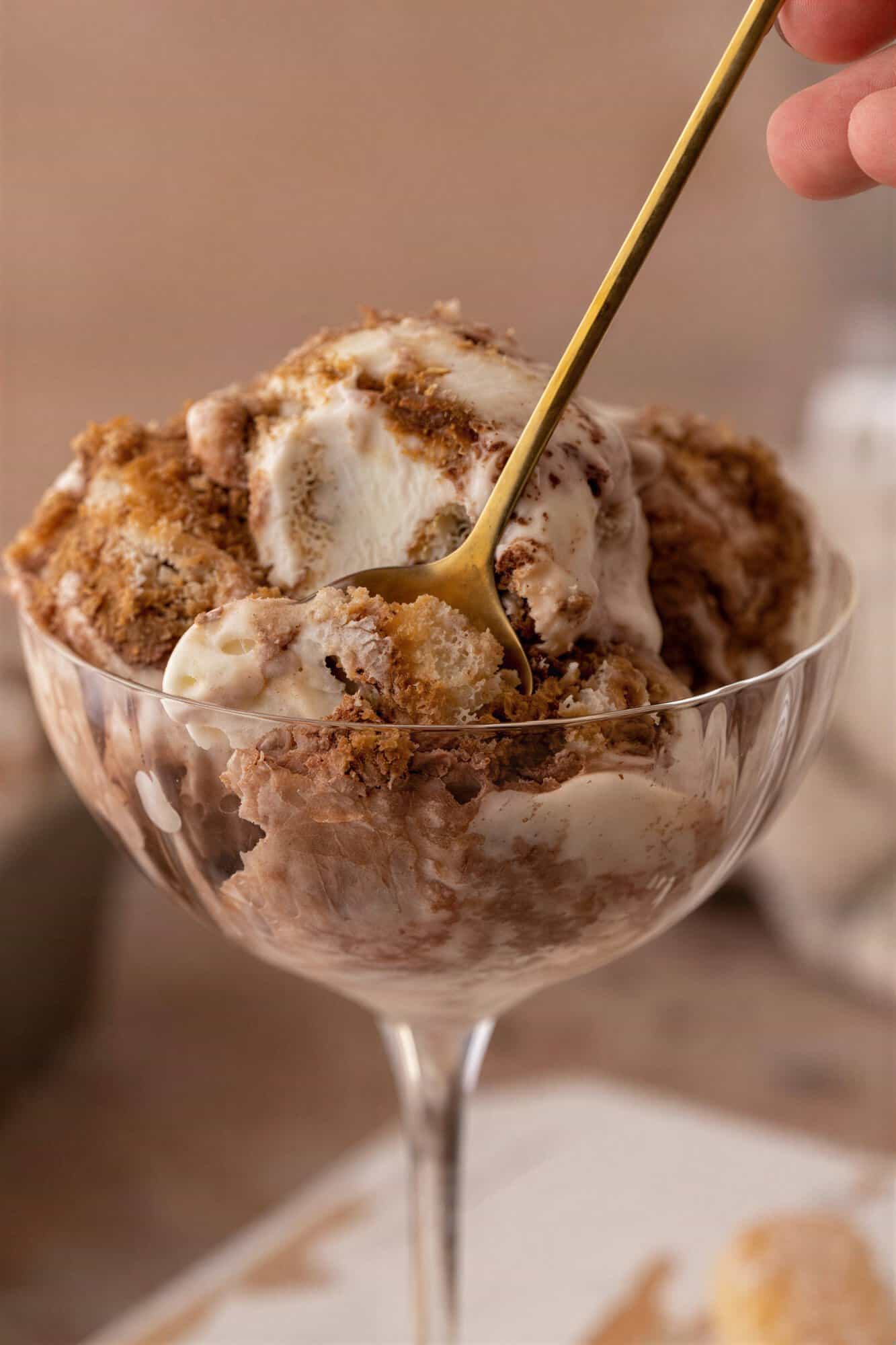 Creamy tiramisu ice cream with mascarpone and ladyfingers in a glass with a spoon.